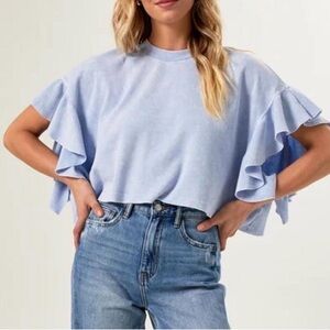 Altar'd State Sky Blue Ruffle Sleeve Blouse